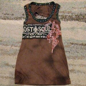 Salvage Brown Graphic Tank with Studded Trim